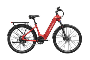 Crimson red Mokwheel Tarmac ST eBike side view with black tires and battery pack visible