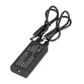 Raev Dual Battery Charging Converter, black rectangular device with two charging ports and indicator lights, shown on a white background.