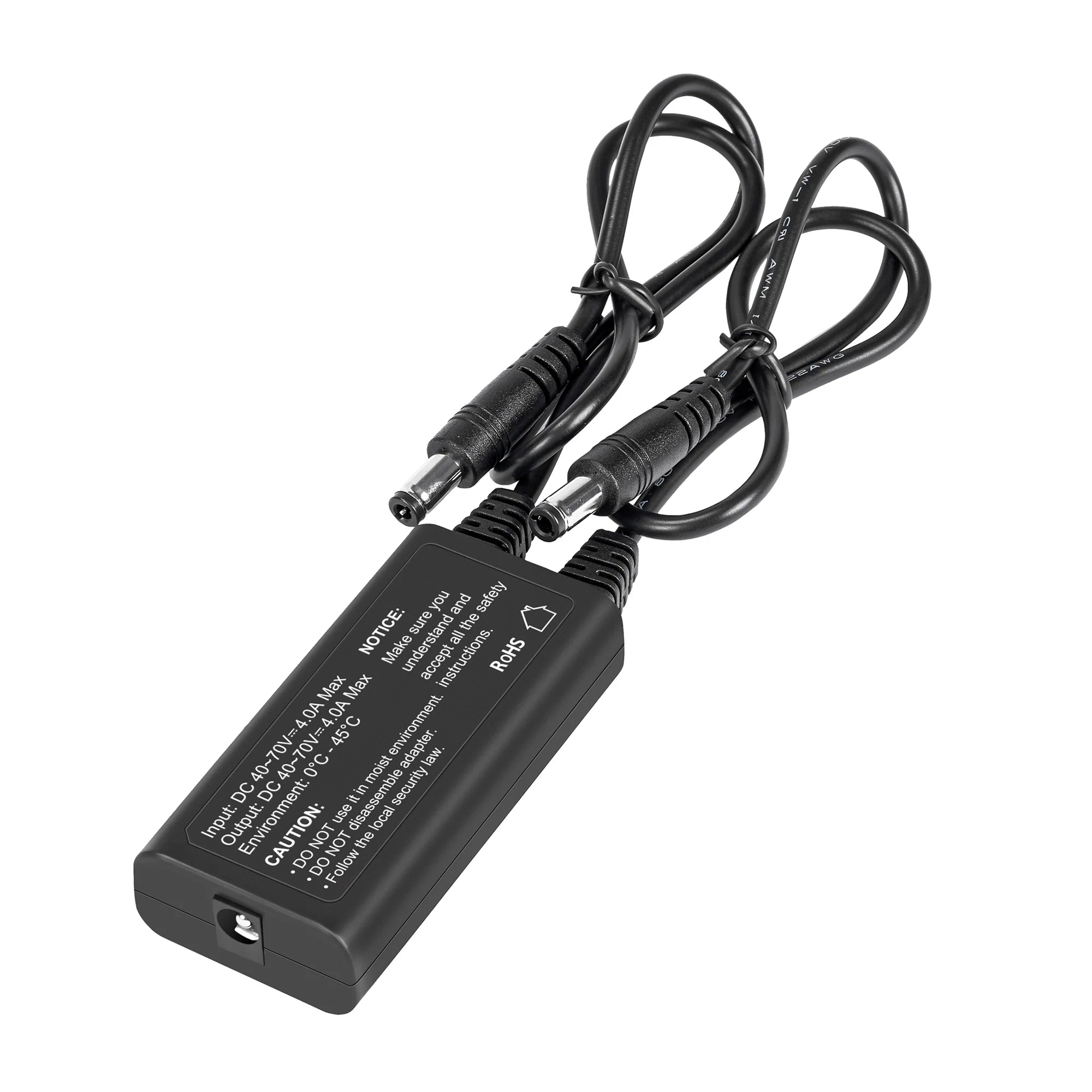 Raev Dual Battery Charging Converter, black rectangular device with two charging ports and indicator lights, shown on a white background.