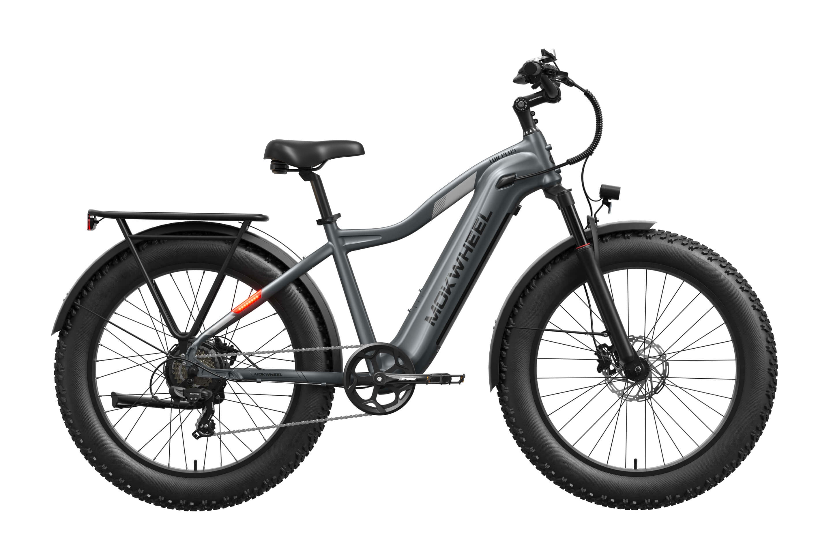 Gray Mokwheel Tor Plus eBike side view, showcasing frame design, wheels, and battery placement.