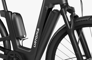 Side view of the Urtopia Fusion GT eBike in Blazing Black, showcasing its sleek frame, integrated battery, and modern design against a plain background.