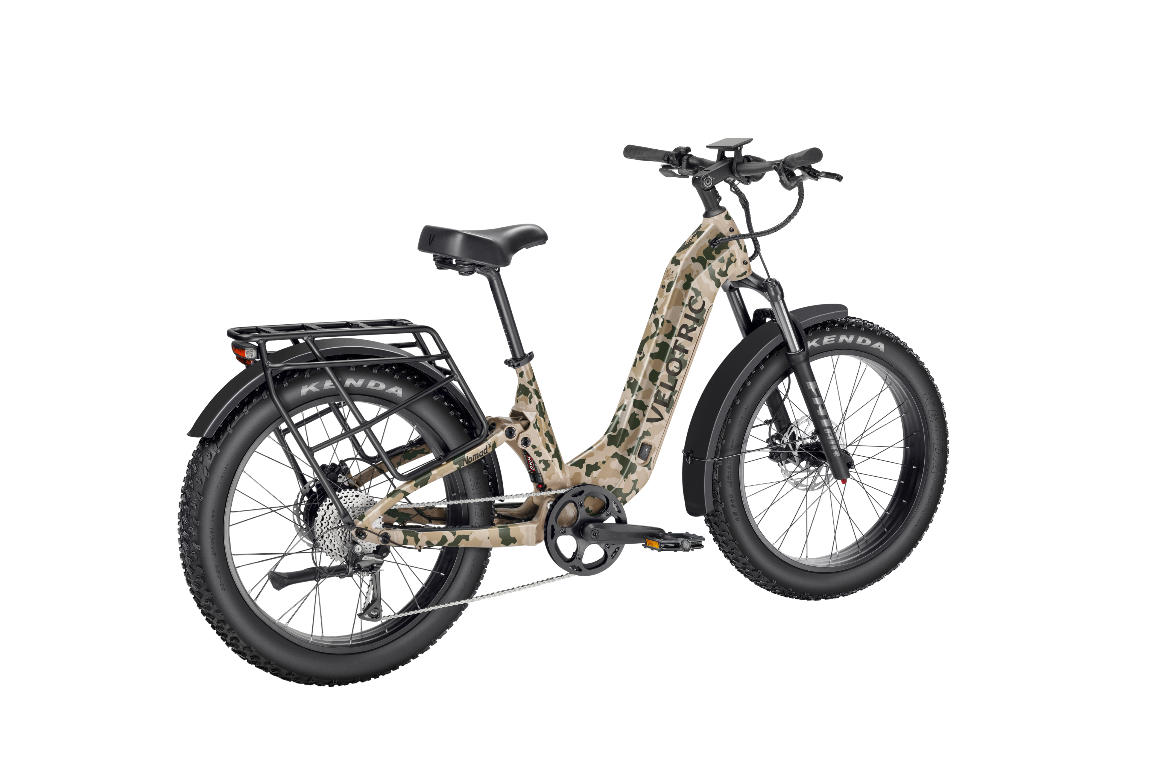 Velotric Nomad 2X Step-Thru eBike in multi-terrain camo color, shown from the side on a white background