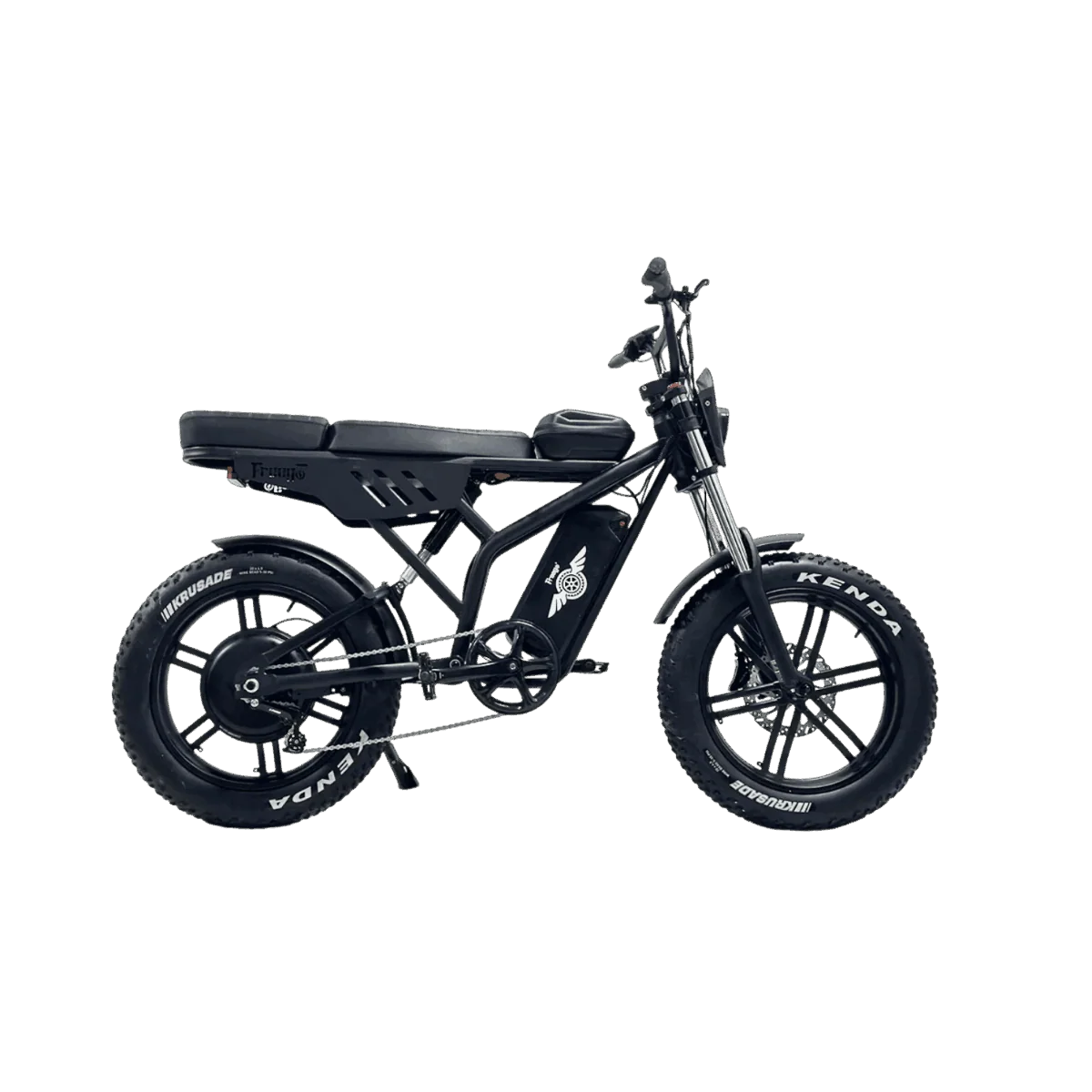 Side view of the eMOTO Freego Shotgun F2 Pro Max Prime electric fat tire bike, showcasing its thick tires, sturdy frame, and battery compartment.