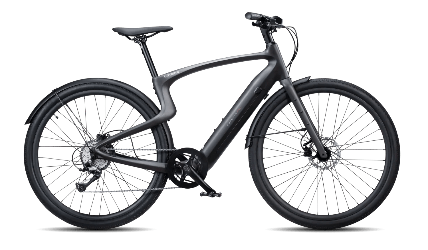 Urtopia Carbon1 Pro eBike in matte black, shown in box; product image displaying small, medium, and large sizes.