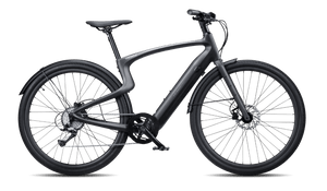 Urtopia Carbon1 Pro eBike in matte black, shown in box; product image displaying small, medium, and large sizes.