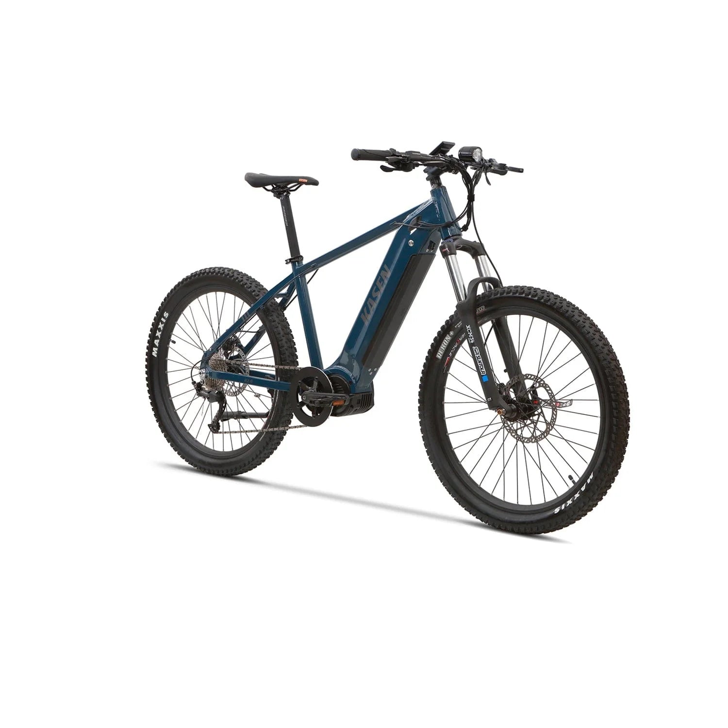 Blue Kasen K2.0 Step Over eBike, side view, against a white background