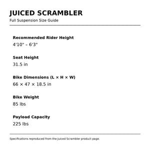 Juiced Scrambler full suspension electric bike shown next to a size guide chart displaying recommended rider heights and frame dimensions.