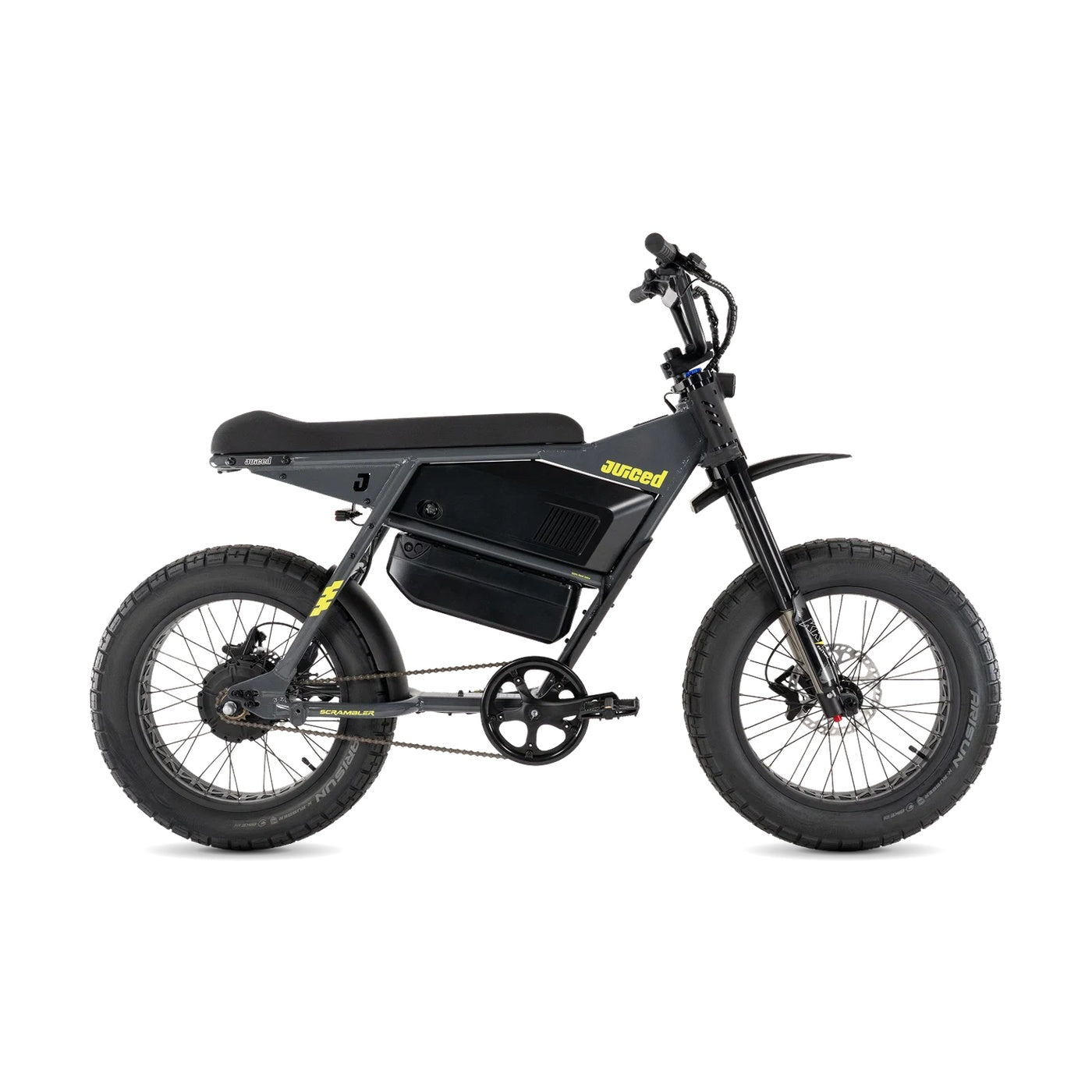 Juiced Scrambler Hardtail electric bike in Asphalt Lemonade color with dual battery setup, side view on white background