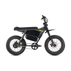 Juiced Scrambler Hardtail electric bike in Asphalt Lemonade color with dual battery setup, side view on white background