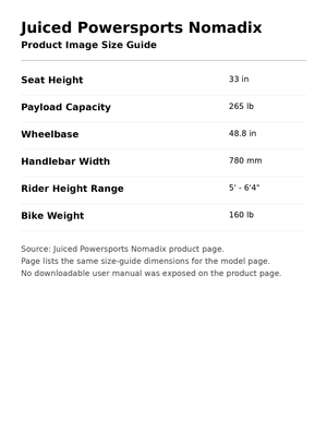Size guide chart for Juiced Powersports Nomadix products, displaying measurements and fit information for various product sizes.