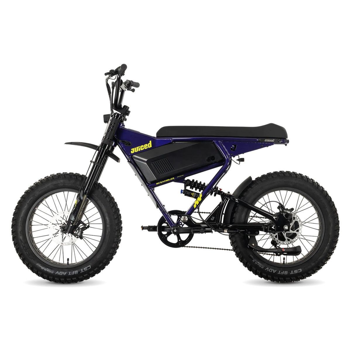 Juiced Scrambler full suspension electric bike with single battery in Grape Juice color, side view
