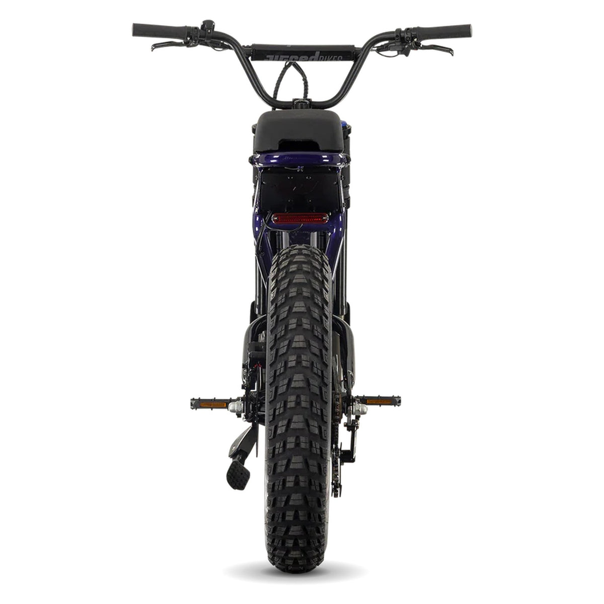 Juiced Scrambler full suspension electric bike with single battery in Grape Juice color, side view on white background