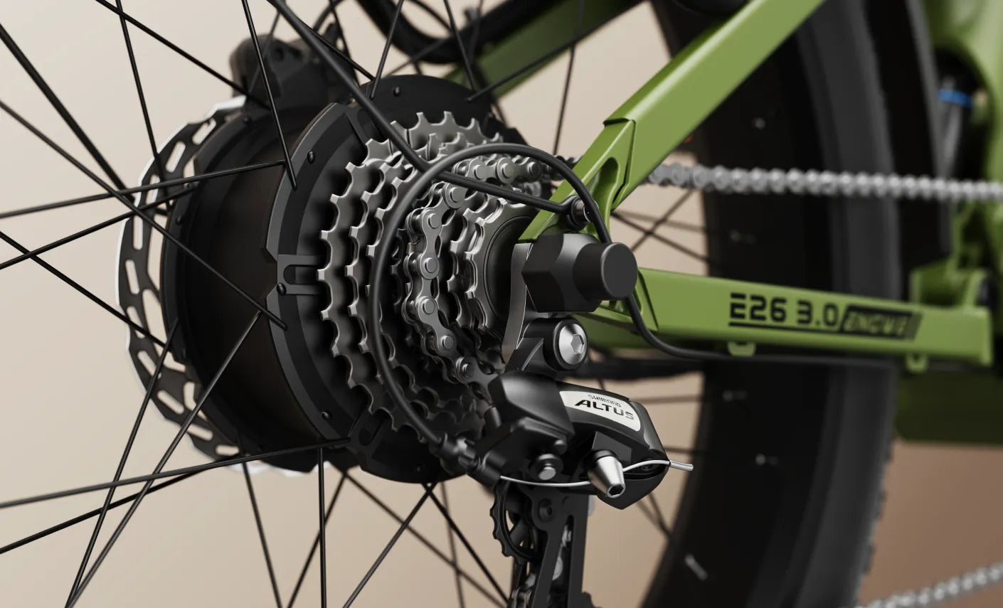 Electric bicycle ENGWE E26 3.0 in black, shown from a side angle with thick tires, front suspension, and rear rack, set against a plain background.