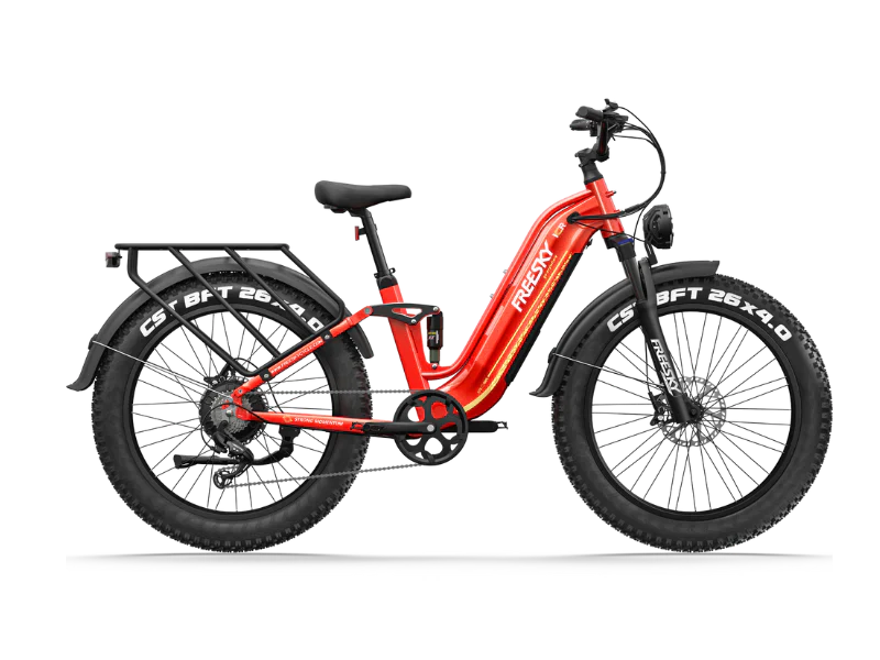 Red Freesky Wild Cat Ultra A-340 electric bike, side view, displayed on a white background.
