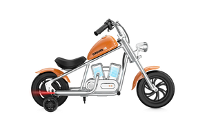 Orange eMOTO Hyper Gogo Cruiser 12 Plus electric bike with training wheels, shown in side view, featuring app connectivity