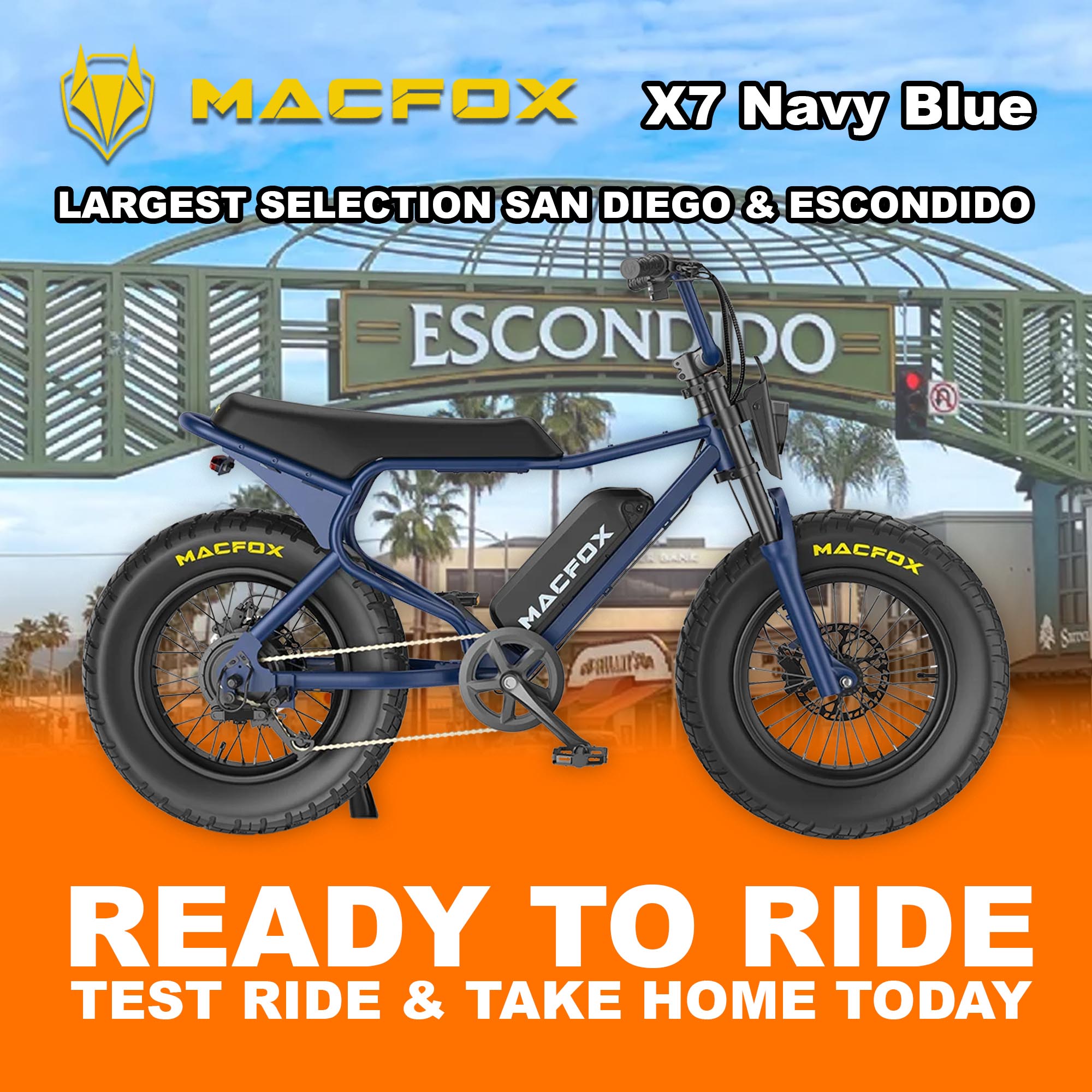 Navy blue Macfox X7 eBike with single battery, X7 Trim, displayed in Escondido setting, product image R2R
