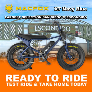 Navy blue Macfox X7 eBike with single battery, X7 Trim, displayed in Escondido setting, product image R2R
