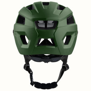 Matte forest green Retrospec Rowan mountain bike helmet for eBikes, side view, with adjustable straps and multiple ventilation holes.