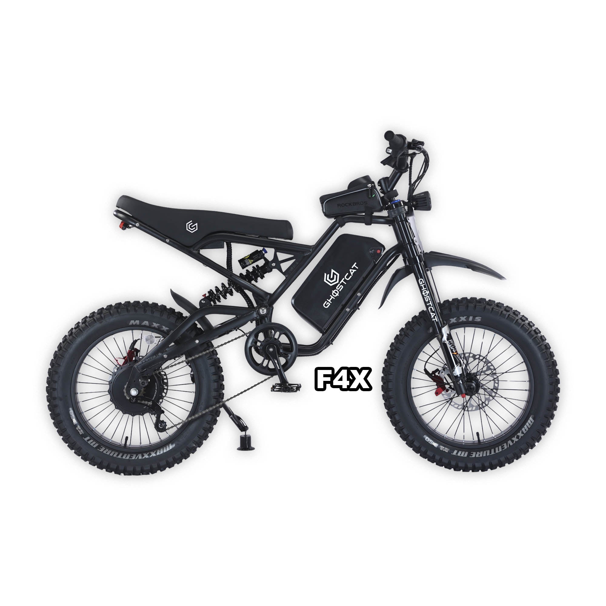 eMOTO GHOSTCAT F4X Pro electric bike in Blackout color, displayed in its box with packaging, product label showing barcode 810206240755