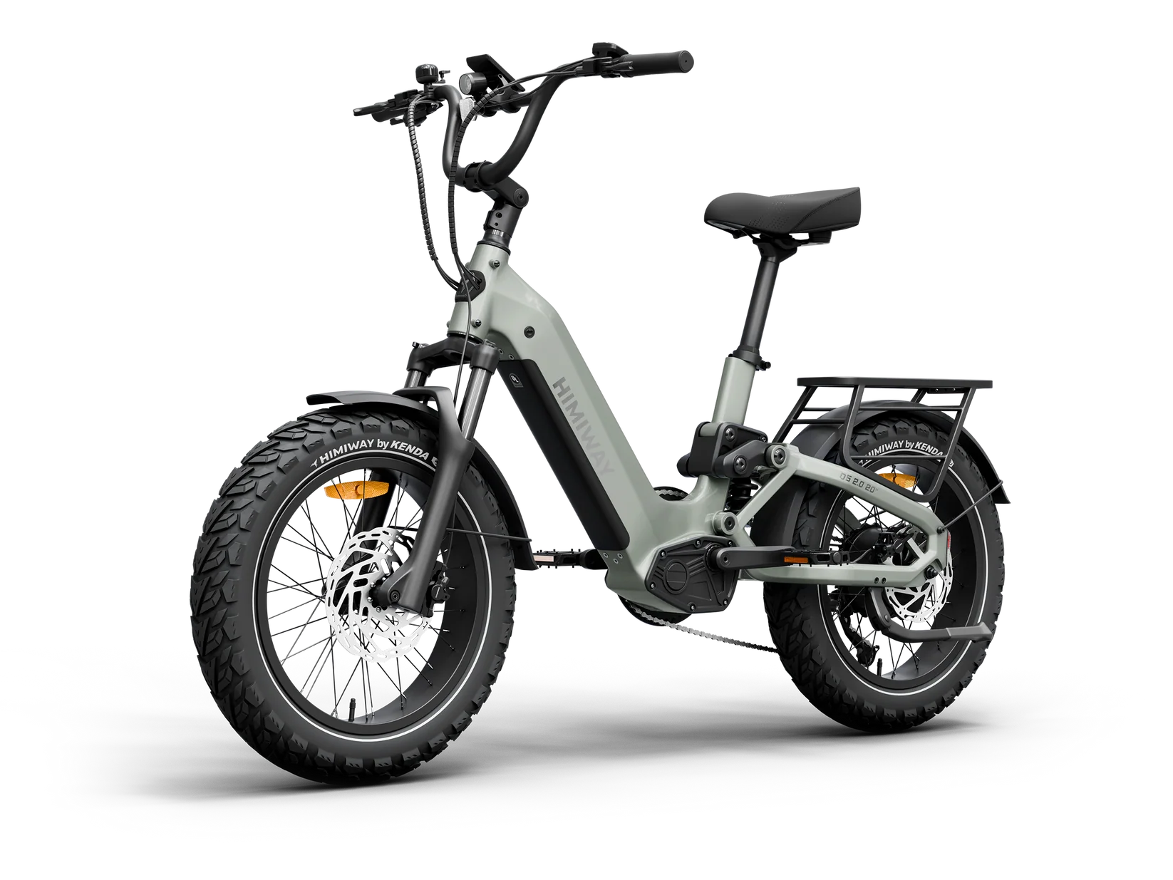 Side view of the Himiway D5 2.0 20" eBike in Sage color, showcasing its frame, wheels, and battery.