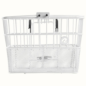 White Retrospec Apollo steel eBike basket attached to a bicycle, product image on white background.