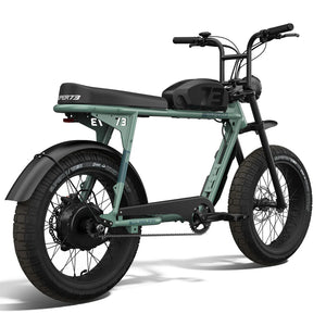 Side view of the Super73 S2 Laguna electric bike in a studio setting, showcasing its sleek frame, large tires, and minimalist design.