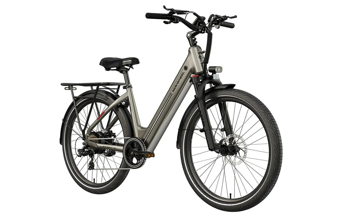 Brown MOKWHEEL Asphalt ST 500W Step-Thru urban electric beach cruiser eBike with 27.5x2.4 tires, side view