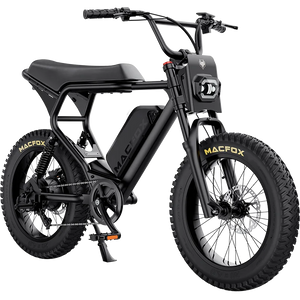 Side view of the Macfox X2 eBike with a single battery, shown without fenders, highlighting its rugged frame and off-road tires.