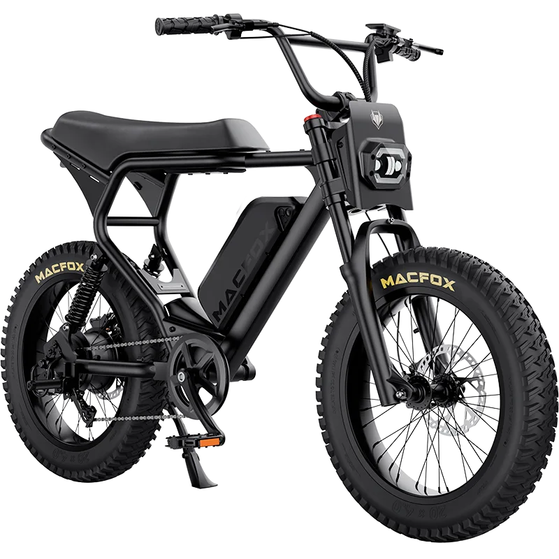 Side view of the Macfox X2 eBike with a single battery, shown without fenders, highlighting its rugged frame and off-road tires.