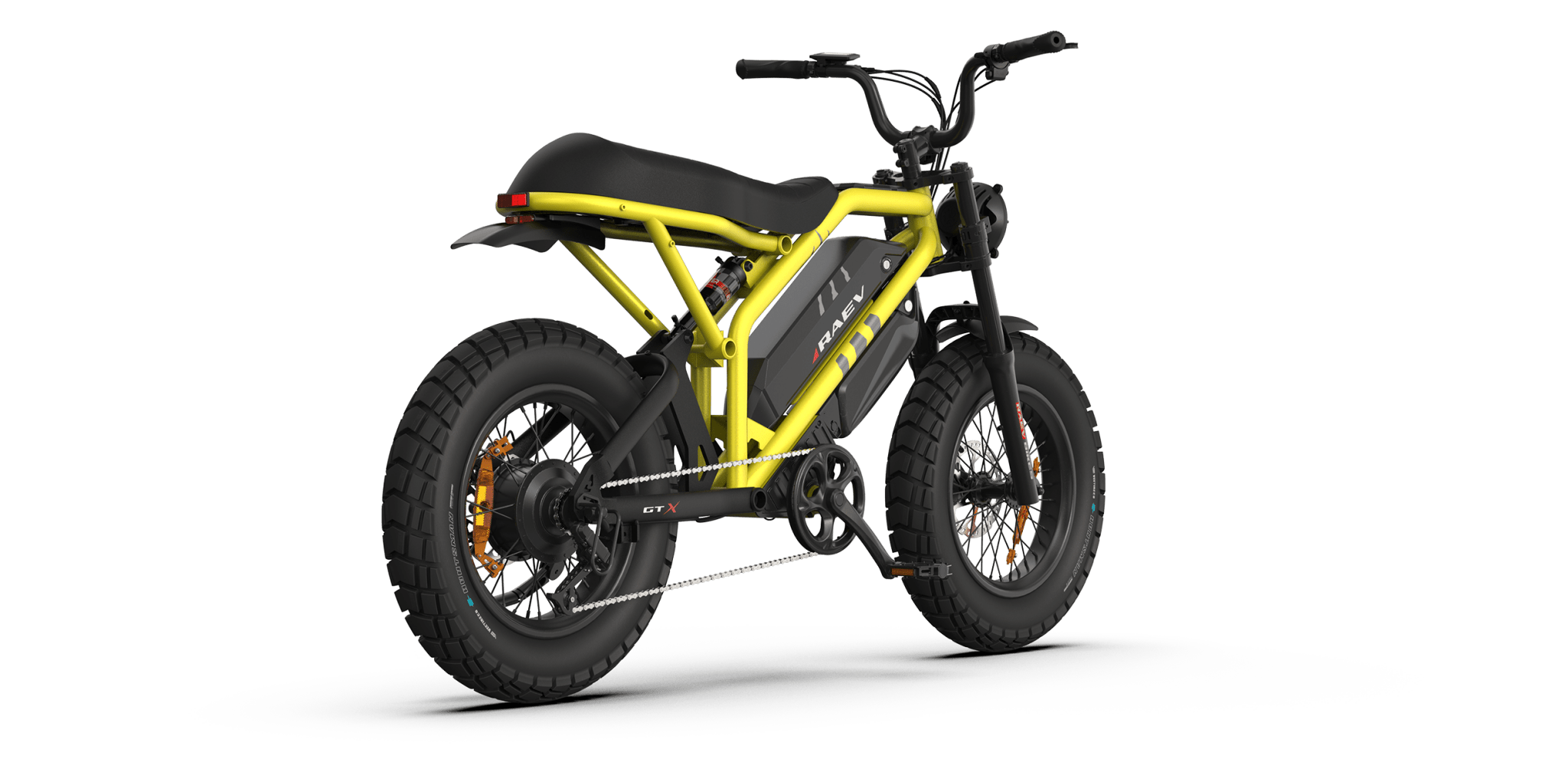 A black eMOTO RAEV Bullet GTX electric bike with a 1500W motor, dual suspension, and moto-style frame, shown from a side angle against a white background.