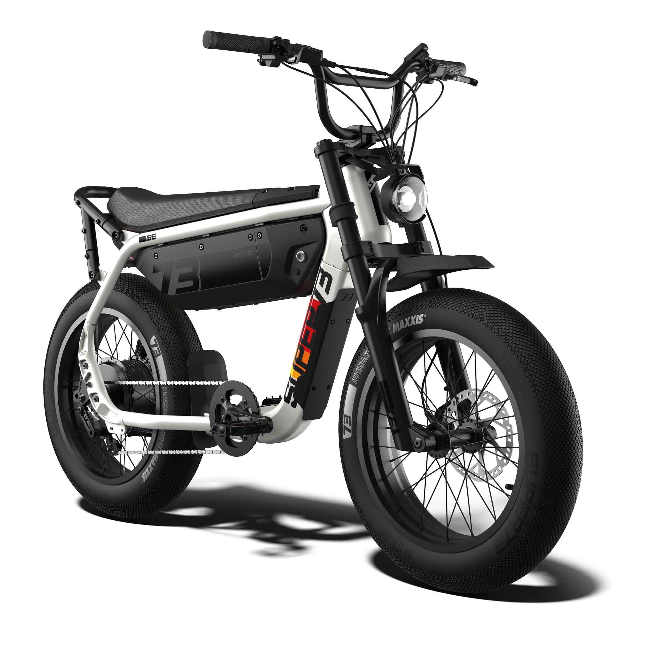 Side view of the eMOTO eBike Super73 M1D SE in a showroom, showcasing its frame, tires, and design features.