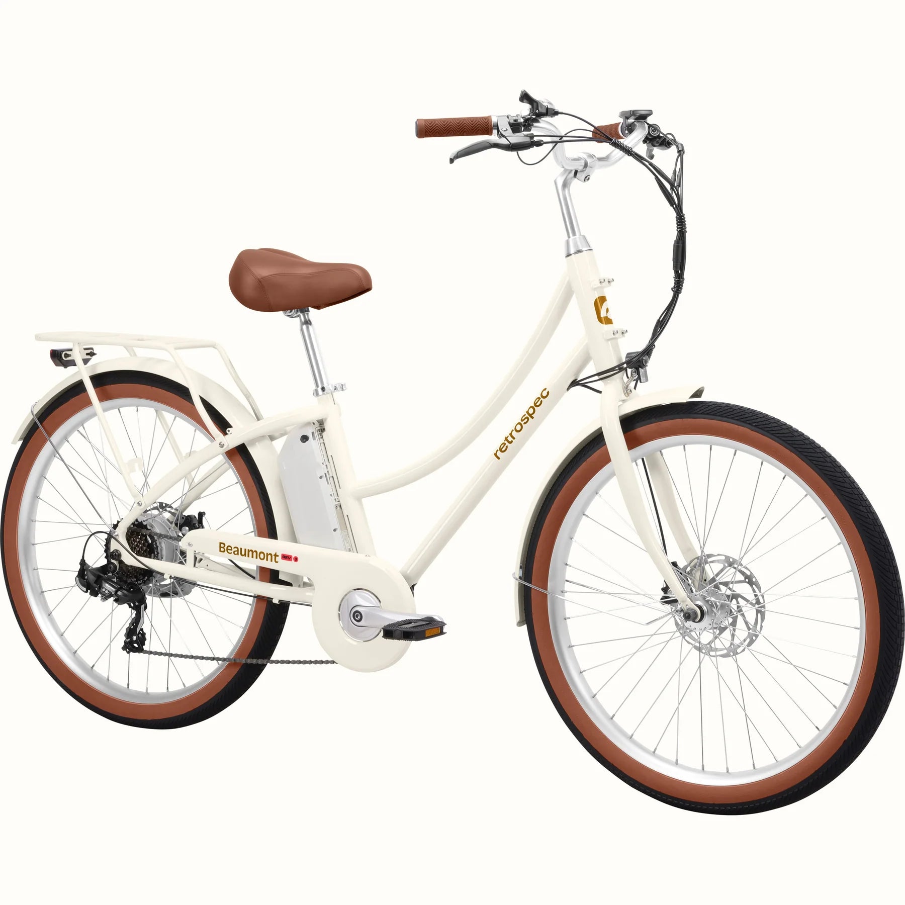 Retrospec Beaumont Rev 3 eBike in eggshell color, side view, featuring step-through frame, rear rack, and brown saddle