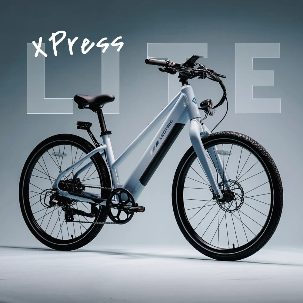 Lectric XPress Lite electric bike in Glacier Blue, side view, against a white background