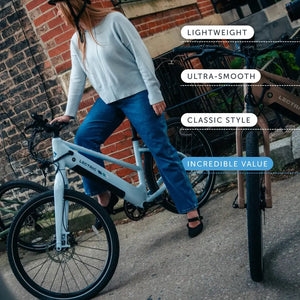 Lectric XPress Lite electric bike in Glacier Blue, side view, model 3