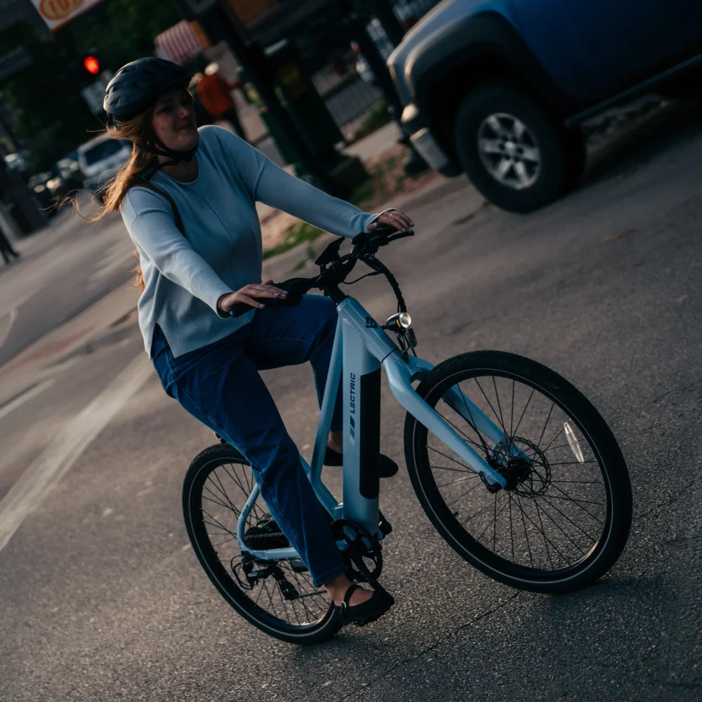 Lectric XPress Lite electric bike in Glacier Blue, side view, model 4