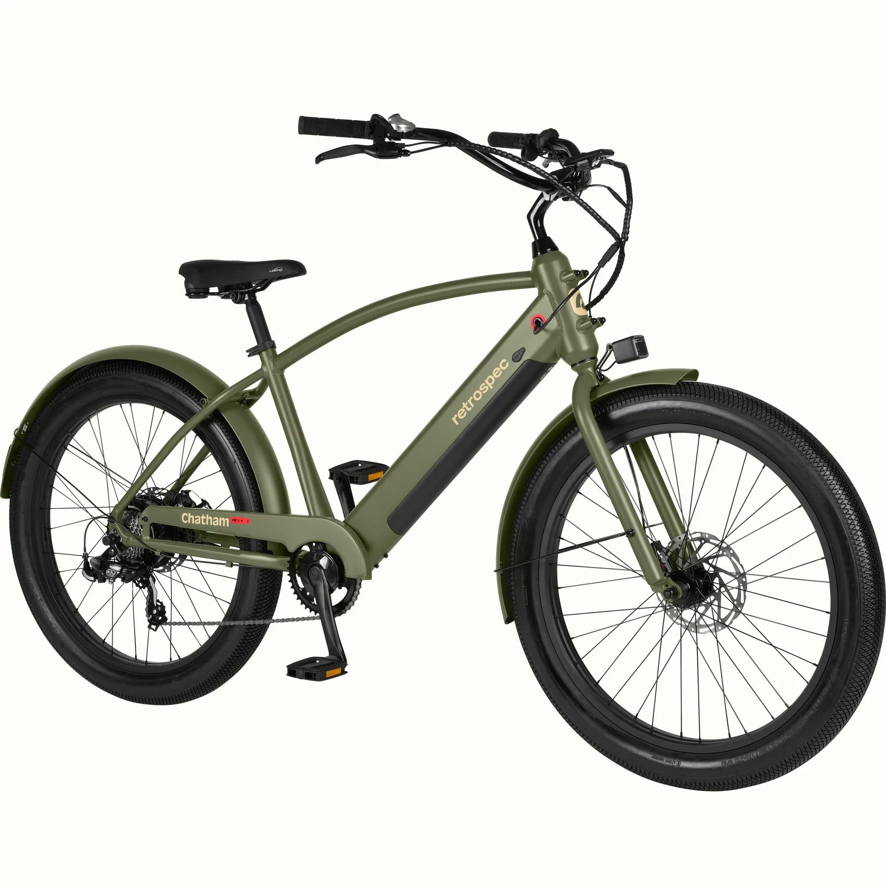 Matte olive drab Retrospec Chatham Rev Plus 2 eBike, step-over frame, side view, on white background