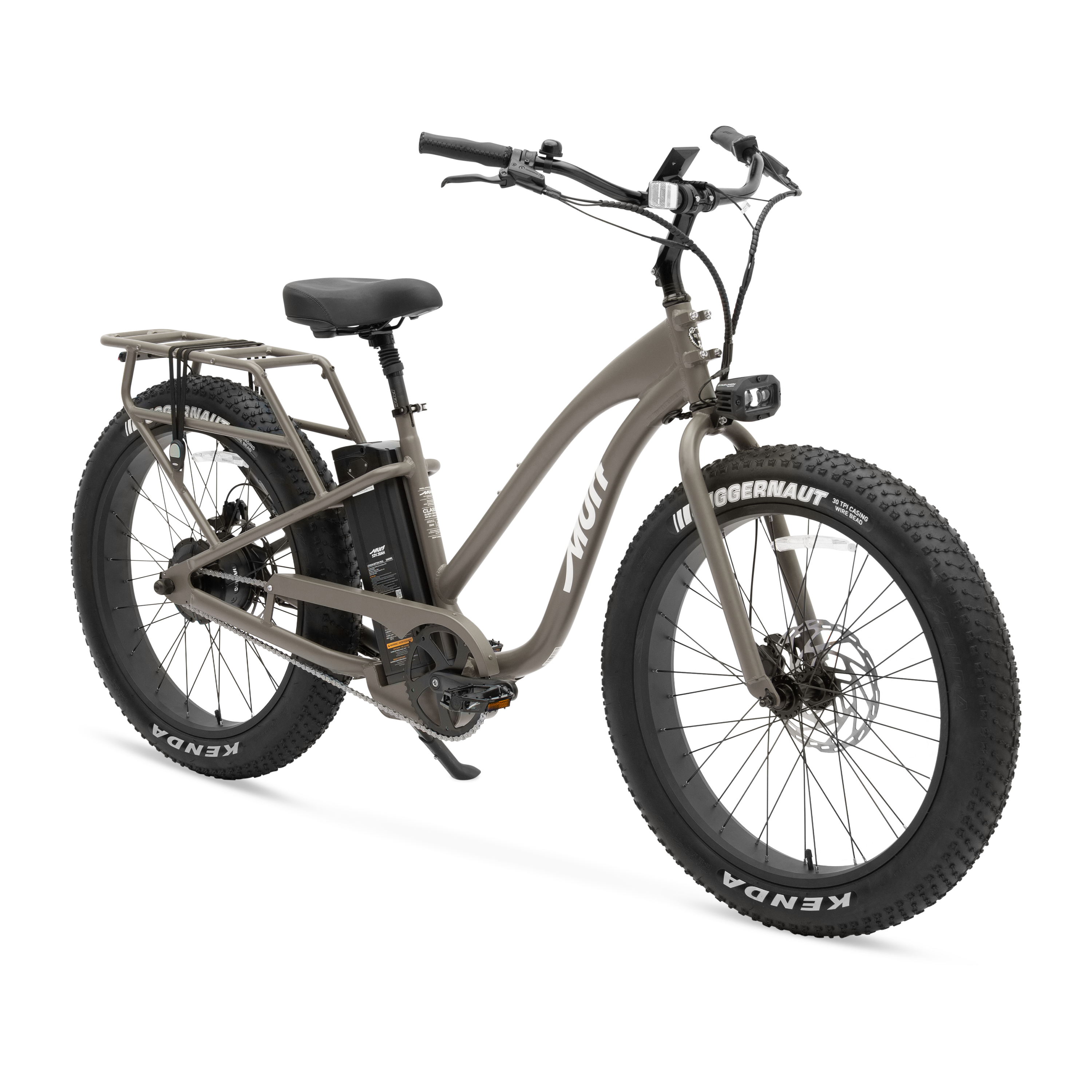 Side view of the Murf Alpha ST eBike in Stone color, showcasing its step-through frame, wide tires, and minimalist design against a plain background.