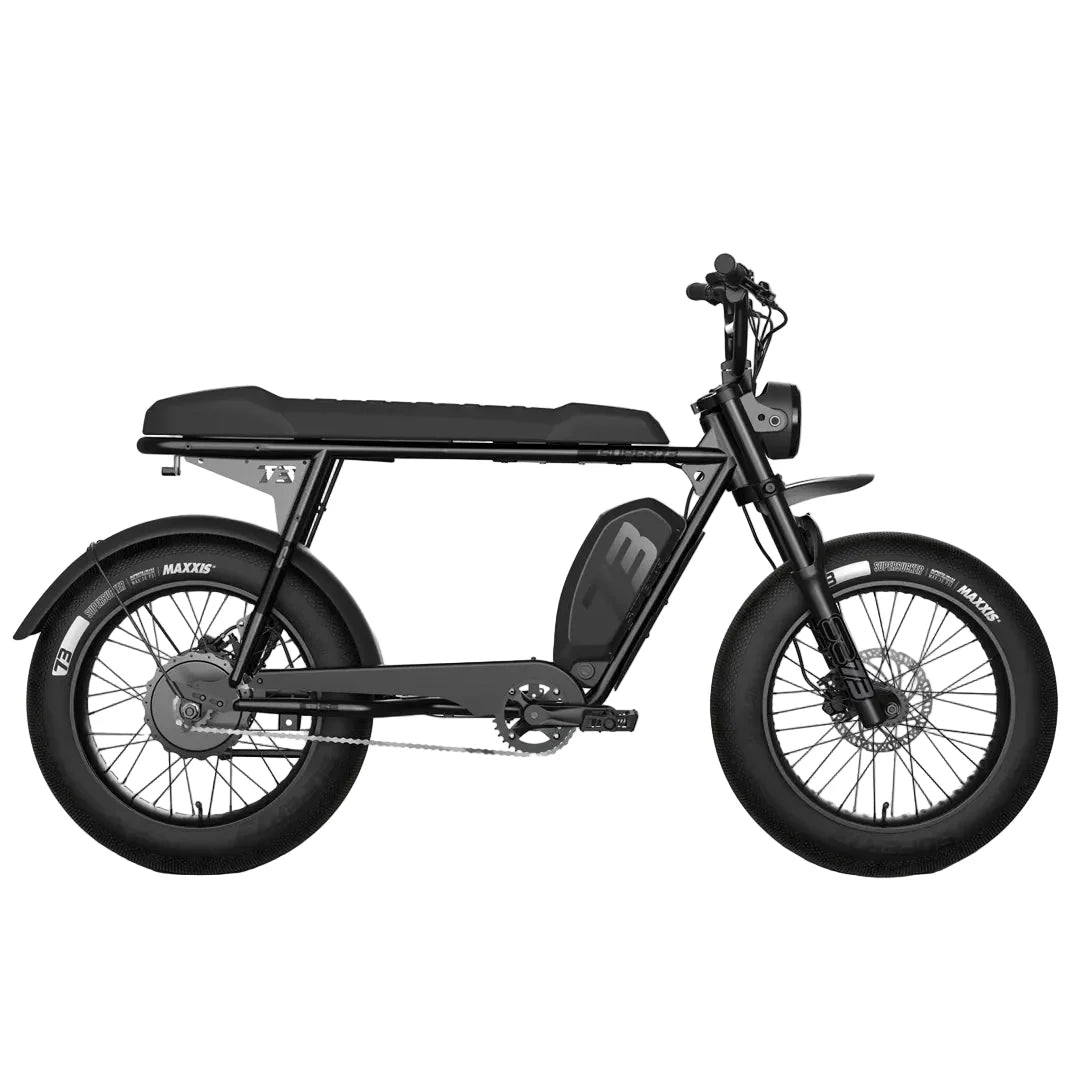 Side view of the eMOTO eBike Super73 S2 SE in a showroom, highlighting its sleek frame, thick tires, and modern design.