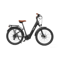 Side view of the Freego City Flow A1 eBike in black, showing its step-through frame, rear rack, and front basket against a white background.