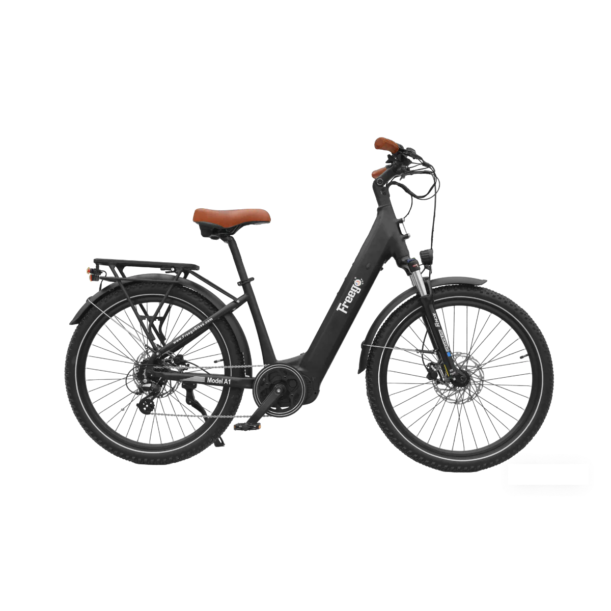 Side view of the Freego City Flow A1 eBike in black, showing its step-through frame, rear rack, and front basket against a white background.