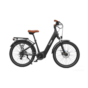 Side view of the Freego City Flow A1 eBike in black, showing its step-through frame, rear rack, and front basket against a white background.