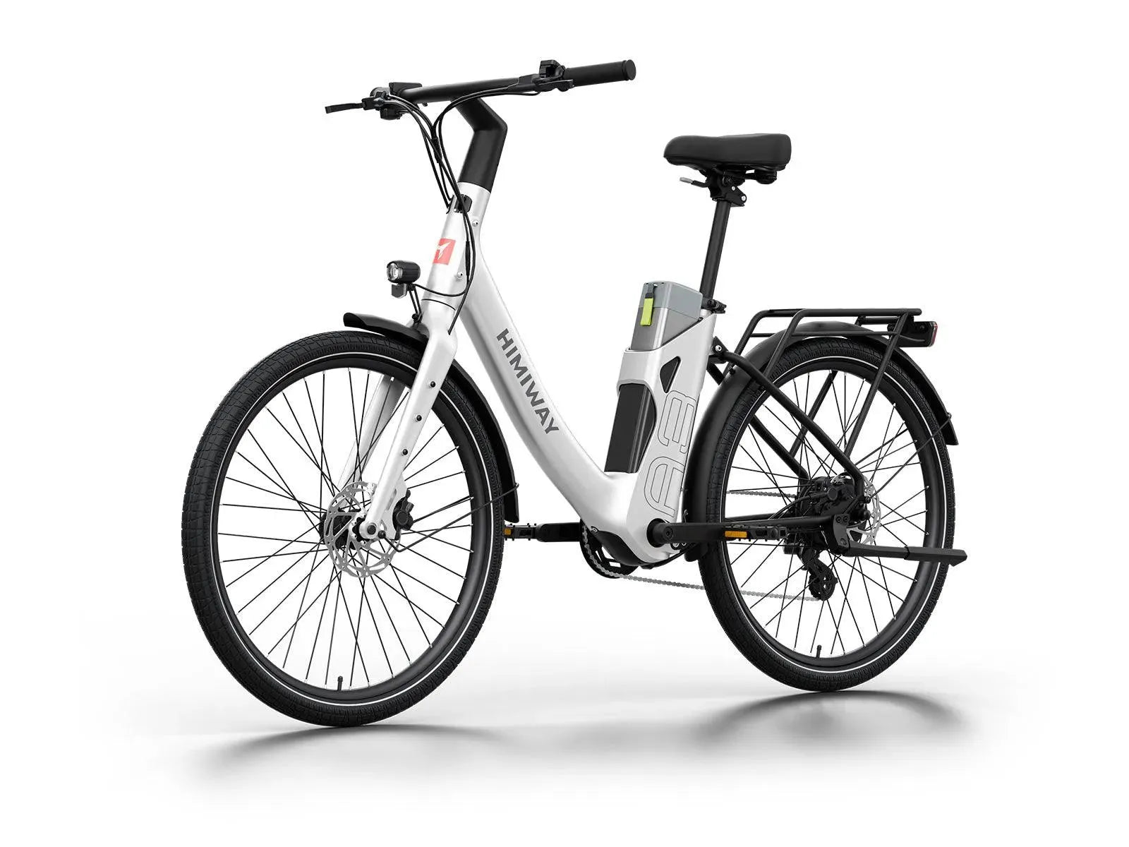 White Himiway A3 Step Thru electric bike side view, showcasing step-through frame, black saddle, and battery integrated into the downtube.