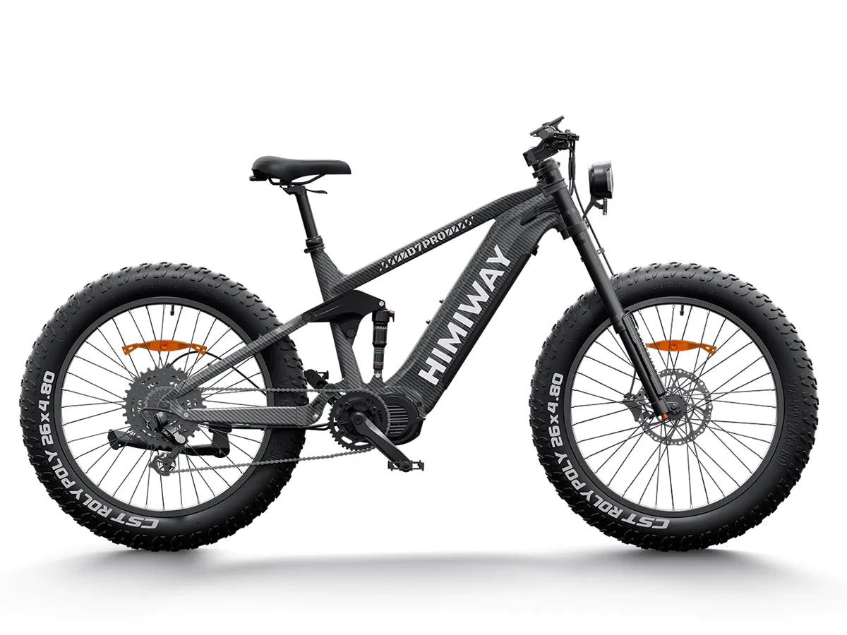 A black Himiway D7 King electric bike with fat tires, front suspension fork, and rear cargo rack, displayed on a white background.
