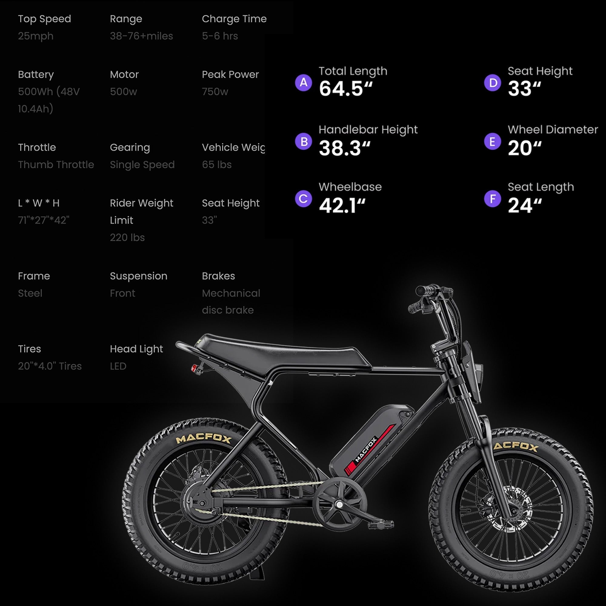 MACFOX X1S Commuter Electric e - Moto Style eBike - Step Over 500 w Electric Mini Fat Tire eBike - Moto Style Bike - MACFO|DUALBLACK|2350 eBike Super Shop