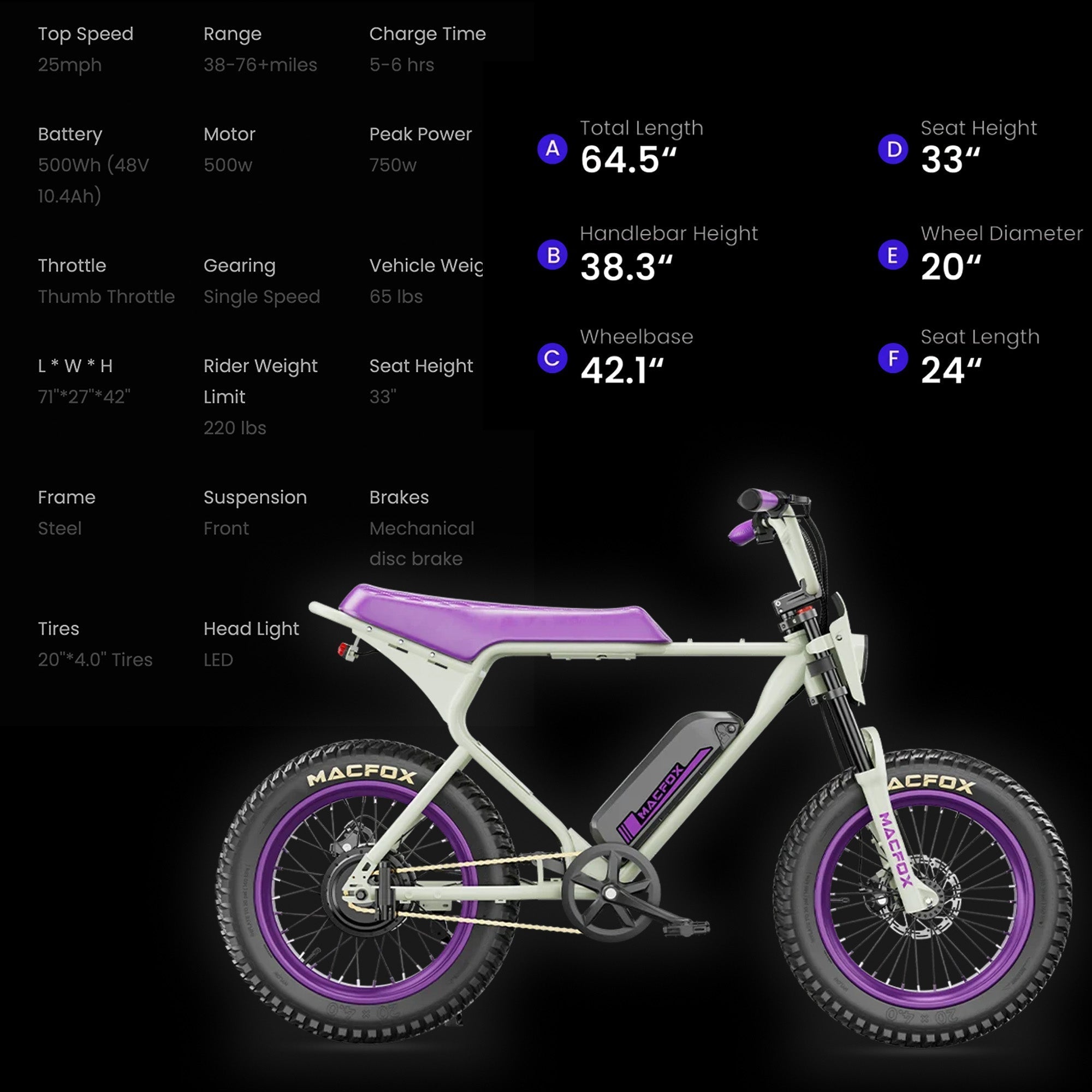 MACFOX X1S x Bs.zay Electric e - Moto Style eBike - Step Over 500 w Electric Mini Fat Tire eBike - Moto Style Bike - Macfox - X7 - eBike - White/Purple - Box eBike Super Shop