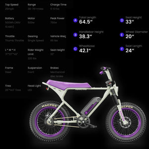 MACFOX X1S x Bs.zay Electric e - Moto Style eBike - Step Over 500 w Electric Mini Fat Tire eBike - Moto Style Bike - Macfox - X7 - eBike - White/Purple - Box eBike Super Shop
