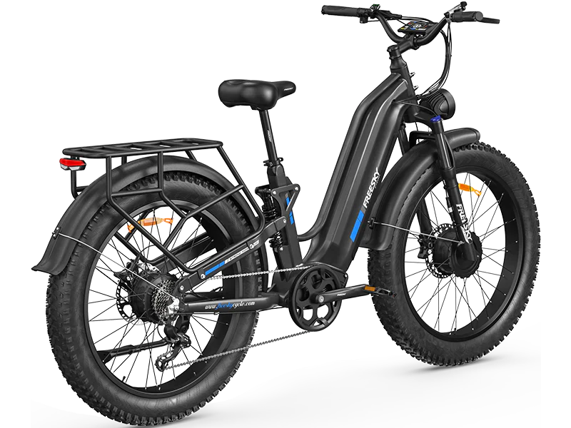 Side view of the Freesky Ranger Air M-540 electric bike in black, showing its frame, battery, wheels, and suspension fork against a white background.