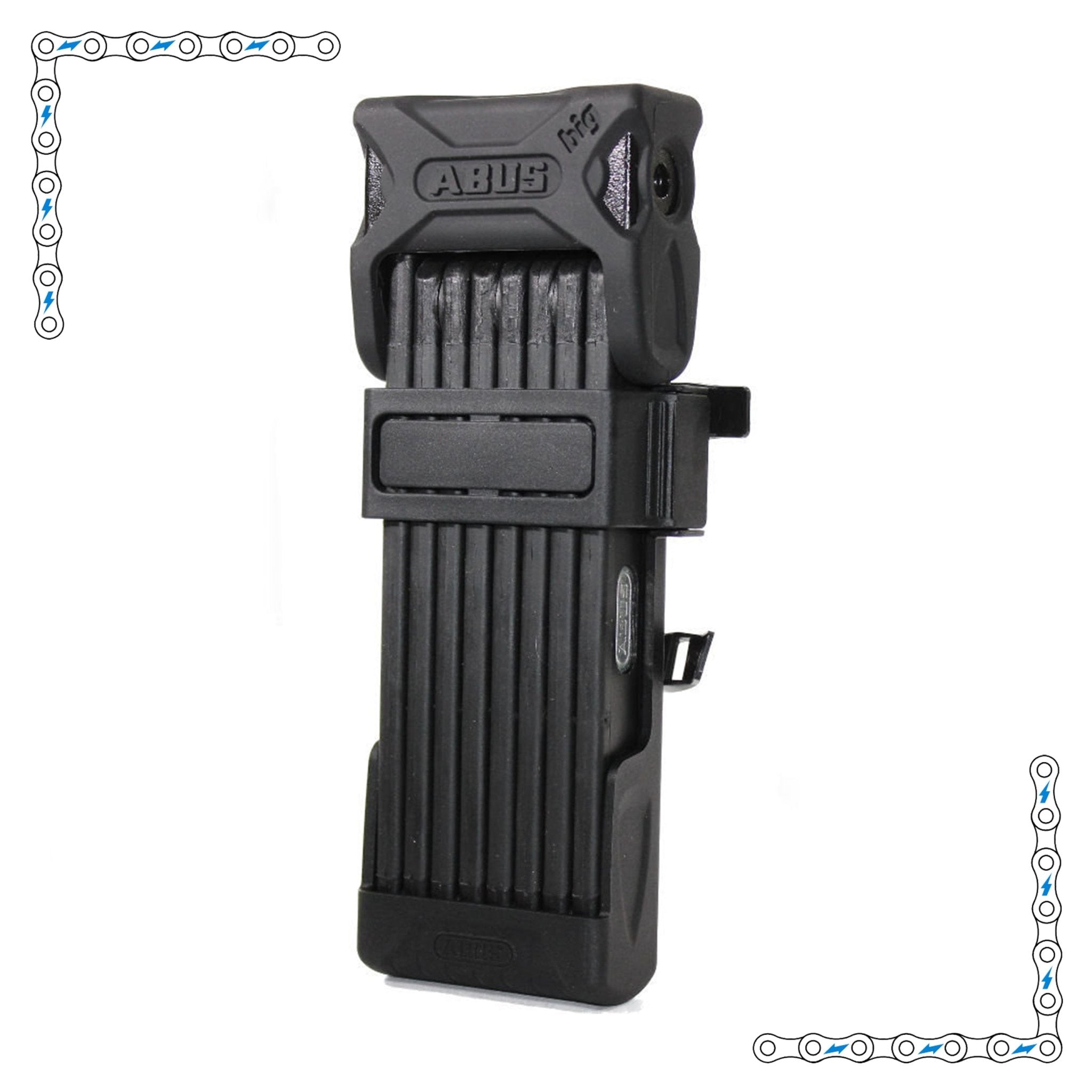 A black Abus Big folding lock designed for electric bikes, shown folded with its secure locking mechanism visible.