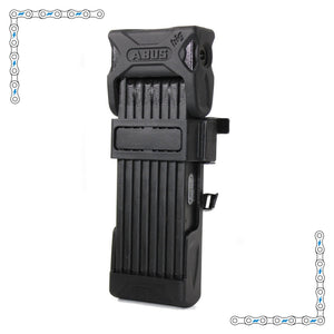 A black Abus Big folding lock designed for electric bikes, shown folded with its secure locking mechanism visible.