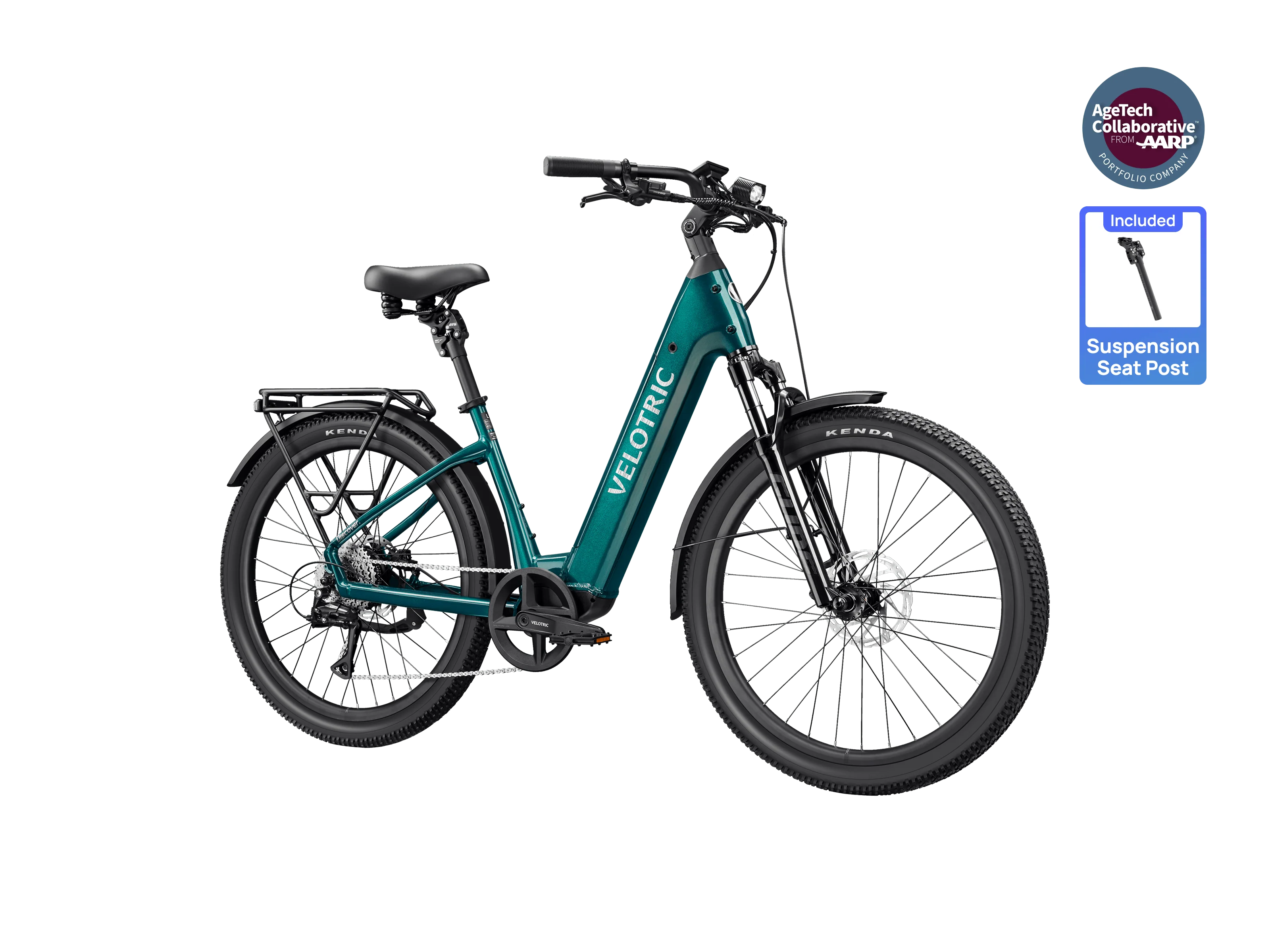 Emerald green Velotric Discover 3 eBike side view, showcasing step-through frame, battery, and rear rack